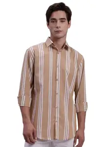 JAINISH Men's Striped Cotton Casual Shirt (Brown, M)