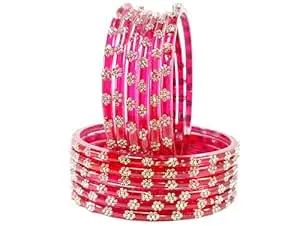 RIJB Stylish Glass Bangles set for women & Girls With Zircon Stone work in Flower Pattern | Fancy Kanch ki Chudi Set | Bangles for Wedding, Party & Gift | Traditional Girl's Bangles Bracelet-Set of 12