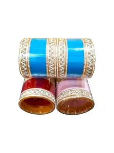 Decorative Bangles Set, Traditional Wedding Chura Style, Red Pink Blue, Gold-Toned Border Pattern (RED, M)