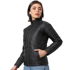Campus Sutra Women Black Puffer Regular Fit Bomber Jacket For Winter Wear | Standing Collar | Full Sleeve | Zipper | Casual Jacket For Woman & Girl | Western Stylish Jacket For Women