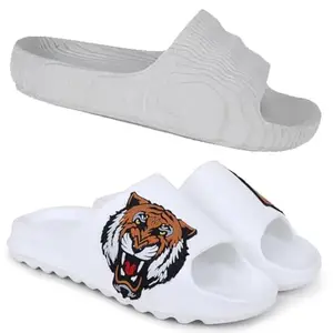 Pampy Angel Combo Pack of 2 Slipper/Flip Flops/Slides for Men,(Addi-M-Grey,Y-Too-Sher-White),8 (UK/India)