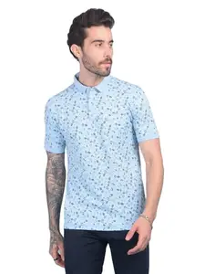 Crimsoune Club Men's Blue Floral Print Cotton T-Shirt (L)