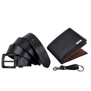 URBAN FOREST Kai Black/Redwood Leather Wallet, Black Casual Leather Belt & Keychain Combo Gift Set for Men