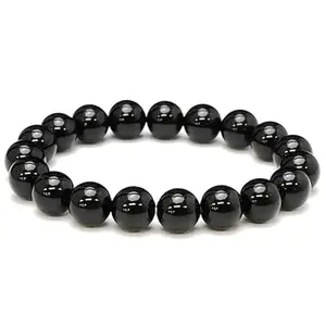 Lady Works Natural Black Jet 10mm Round Shape Smooth Cut Beads 8 Inch Stretchable Bracelet For Men & Women. Unisex Bracelet For Healing, Meditation, Prosperity, Gift & Luck|LW_BRST_01237_8.0