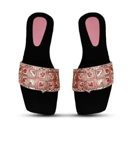 Two soles Women's Elegant Black Velvet Sandal with Embroidered Front | Comfortable Flat Sole, Foam Padded SUtable For Girls & Women's (4)