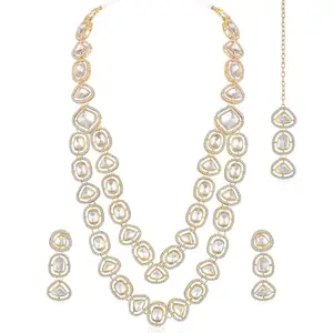 Peora Gold Plated White Synthetic Stone & CZ Studded 2 Layer Necklace Earrings & Maangtikka Set Ethnic Jewellery for Women Girls