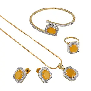 Lucky Jewellery 18K Gold Plated American Diamond (AD) Yellow Color Combo Pendant Set with Earring, Bracelet, & Ring for Girls & Women (624-K5SA-882-Y)
