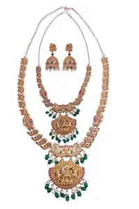 2-Piece Matte Gold-Plated Long & Short Traditional Temple Necklace Set with Choker – Ethnic Designer Necklace for Women –Bridal/Wedding/Festive