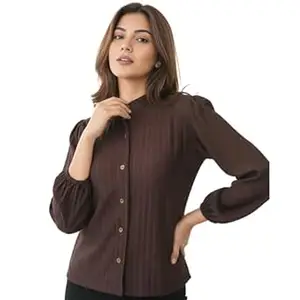 Hava Fashions Women’s Long Sleeve Button-Down Casual Shirt Solid Formal Office Collarless Regular Fit Workwear Top for Women Girls