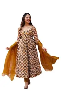 Indian Glory Women's Wear Brown Colour Georgette Printed Flared Long Dress
