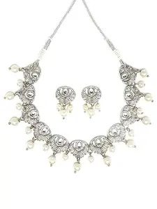 Karatcart Silver Plated Heart Shape Kundan and Pearl Studded Necklace Set for Women