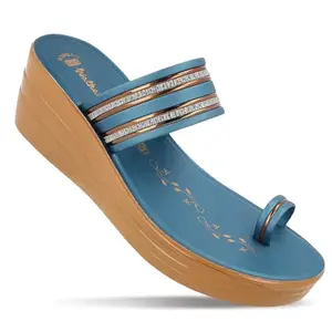 WALKAROO Women's Wedge Sandals with Cushion Sole, Toe Ring and Wide Straps, Lightweight for Casual Wear - WLR74506 Peacock Blue
