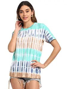 ENNOBLE Pure Cotton Loose Fit Tie & Dye Half Sleeve Round Neck T-Shirt for Women & Girls Multicolour