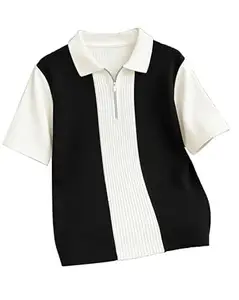 AUSK Men's Textured Vertical Striped Knit Polo T-Shirt | Half Sleeve Zipper Neck Self-Design Casual Tee | Mens Tshirts