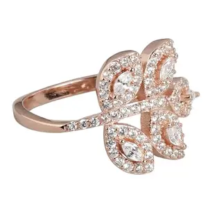 ZAVYA 925 Sterling Silver Elegant Cubic Zirconia Leafy Bouquet Studded Rose Gold Plated Ring | Gift for Women and Girls | With Certificate of Authenticity and 925 Hallmark