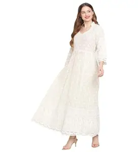 Women's Casual 3/4th Sleeve Embroidered Cotton Kurti (White, M)-PID48448