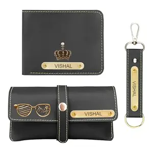 The Wallet Store Personalized Wallet Keychain & Eyewear Gift Set | Name Crafted with Charms | Combo Set for Husband, Boyfriend, Father, Brother, Etc (Grey)