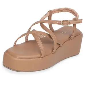 TRASE Women Strap Sandals with Elasticated Back, Criss-Cross Straps & Platform Sole for Elevated Everyday and Casual Styling (Beige, 6 UK)