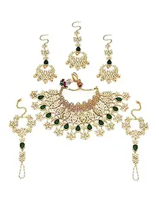 Karatcart Gold Plated Green Carved Stone Kundan Bridal Choker Necklace Set for Women