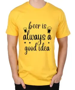 Caseria Men's Cotton Graphic Printed Half Sleeve T-Shirt - Beer is Good Idea (Yellow, SM)