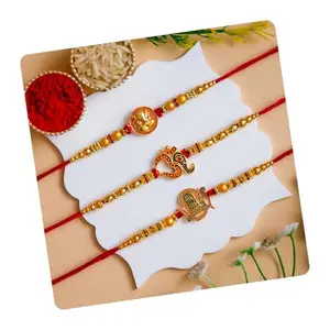 Poorak Religious Assorted Rakhi Set of 3 – Om, Trishul & Shivling Design with Roli Chawal