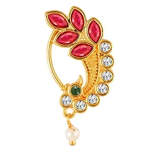 Vivastri Premium Gold Plated Nath Collection With Beautiful & Luxurious Red Diamond Pearl Studded Maharashtraian Nath For Women & Girls-VIVA1148NTH-Press
