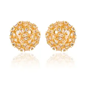 Ratnavali Jewels Earrings American Diamond Gold Plated Baguette Round Stud Earring For Women/Girls