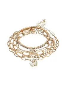 Carlton London Set of 5 Rose Gold Plated CZ Butterfly and Evil Eye Enamel Charm Bracelet