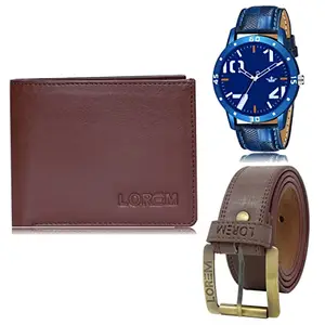 LOREM Mens Combo of Watch with Artificial Leather Wallet & Belt FZ-LR59-WL14-BL02