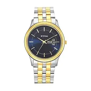 Titan Karishma Trendsetter Quartz Analog with Day & Date Midnight Blue Dial Two Toned Silver & Gold Stainless Steel Strap Watch for Men - NT1824BM03