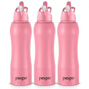 Pexpo Belly ISI Certified Stainless Steel Water Bottle with Straw Lid Sipper Cap, 1000 ML (Pack of 3)| Candy Pink | Single Wall Fridge Bottle| Easy Grip | Bottles for Home, Office, Gym, School, Yoga