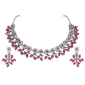 Pink Choker Necklace Set With 1 Pair Of Earring for women and girls (Silver ATS Pink)(AB_Silver ATS Pink)