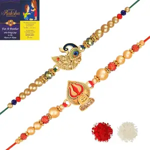 De Marquis 2 Rakhi Set, Roli-Chawal Pack with Best Wishes Greeting Card, Rakhi for Brother Happy Rakshabandhan