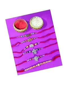 JAGMOOLYA PRODUCTS Multi Design Beads Designer Rakhi | RakshaBandhan Rakhi | With Roli & Chawal RANDOM RAKHI (JAG- 084) (PACK OF 6)
