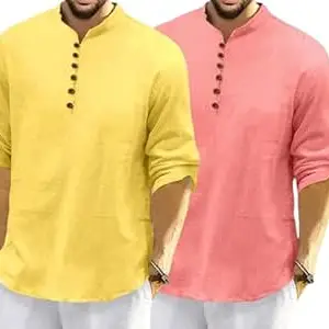 FINIVO FASHION Combo of Men’s Casual Full Sleeve Kurta Style Shirt with Button Placket, Lightweight Breathable Fabric, Regular Fit Ethnic Fusion Wear for Daily & Festive Use Pack of 2