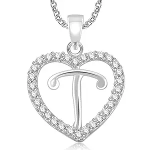 MEENAZ Silver 'T' Letter Alphabet Crystal Brass Silver Plated Heart Pendant Necklace for Men and Women