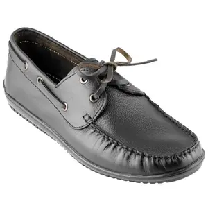 TZARO Pure Leather Black Boat Shoe with Rubber Sole – Timberam (Black, 8)