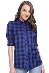 Vastraa Fusion Women's Royal Blue and Black Checkered Shirt