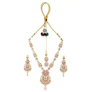 M.D KARAT ART trendy gold plated pink & white A1 TIWAN stone necklace jewellery set with earring & mangtika jewellery set for women (SET 0248N)