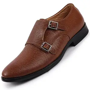 FAUSTO FST KI-9981 TAN-41 Men's Tan Monk Double Strap Wedding Shoes with TPR Welted Sole (7 UK)