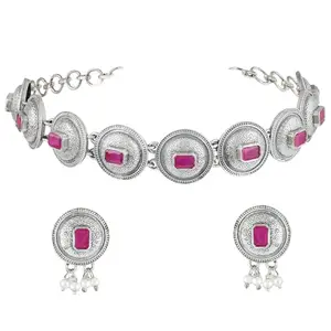 Peora Oxidized Silver Rani Pink Crystals Studded Ethnic Choker Necklace Earrings Set Jewellery for Women & Girls