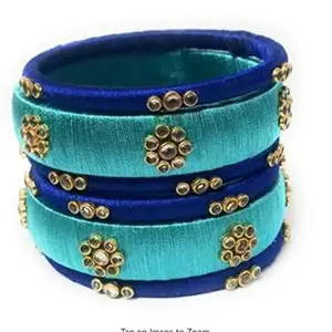 Elegance Beautiful Kundan Sky Blue - Blue Silk Thread Bangle (Set of 6)