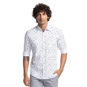 Parx Men's Slim Fit Pure Cotton Print Pattern Full Sleeve Semi Cutaway Collar White Casual Shirt (Size: 39)-XMSS12489-W2