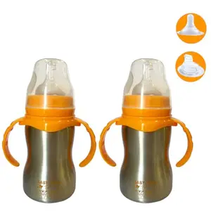 JOYFILLS 2 in 1 Baby Feeding Bottle in Stainless-Steel | Sipper cum Feeding Bottle | Silicone Nipple & Spout with Trainer Handle | Stainless Steel SUS 304 | BPA-Free, Food-Safe, Leak-Proof & Easy to Clean (Orange-240ml, Pack of 2)
