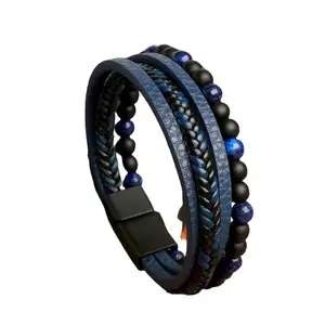 Jewelgenics Bold Blue Leather Bracelet Black Beads for Men