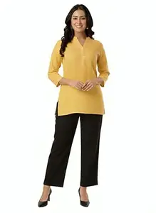 Oxinexx Airy Linen Cotton Short Kurta Pant Set for Women Breathable Short Length Kurti with Trouser Elegant Office