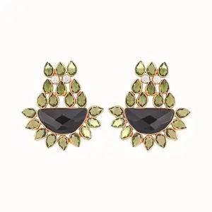 Yinara 22K Gold Plated Dark Crystal Studded Contemporary Floral Shaped Stud Earrings
