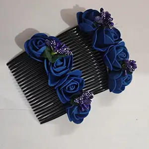 AB Beauty House Acrylic Comb and Cloth Flower Hair Clip Side Comb Flower Design Jooda Hair Pin Pearl Hair pin Comb For Women And Girls(Blue)