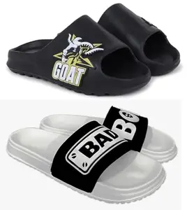 Pampy Angel Combo Pack of 2 Slipper/Flip Flops/Slides for Men,(Y-Too-Goat-Black,Badboy-White),10 (UK/India)