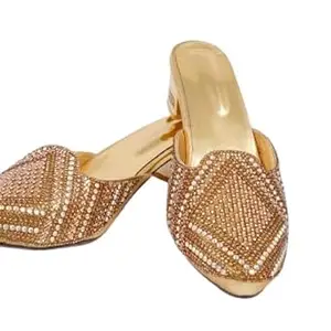Women's Heels | Ethnic Block Heel Mules | Designer Slip-On Footwear for Wedding, Festive (Golden, UK Footwear Size System, Adult, Women, Numeric, Medium, 6)